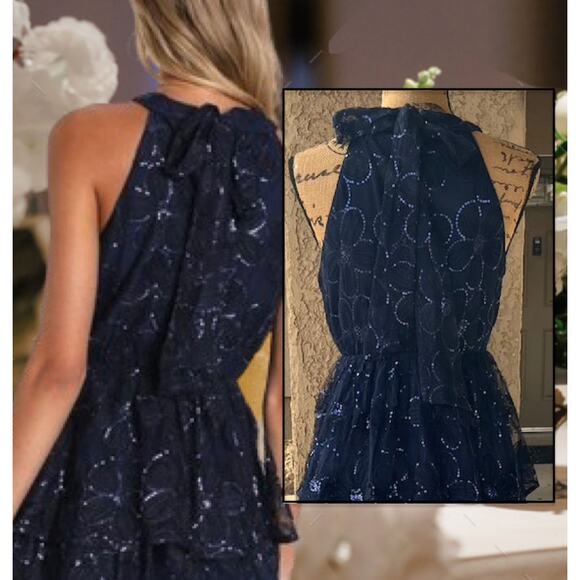 Lulus Navy Blue Sequins Floral Tiered Halter Midi Dress Size M - Picture 5 of 11